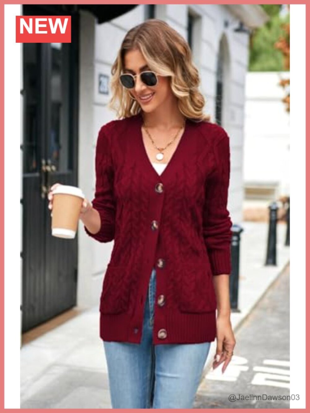 Chunky Cable Knit Button Up Cardigan Long Sleeve V-Neck Sweater - Picture 2 of 4